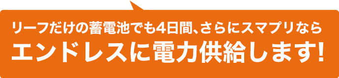リーフだけの蓄電池でも4日間、さらにスマプリならエンドレスに電力供給します！